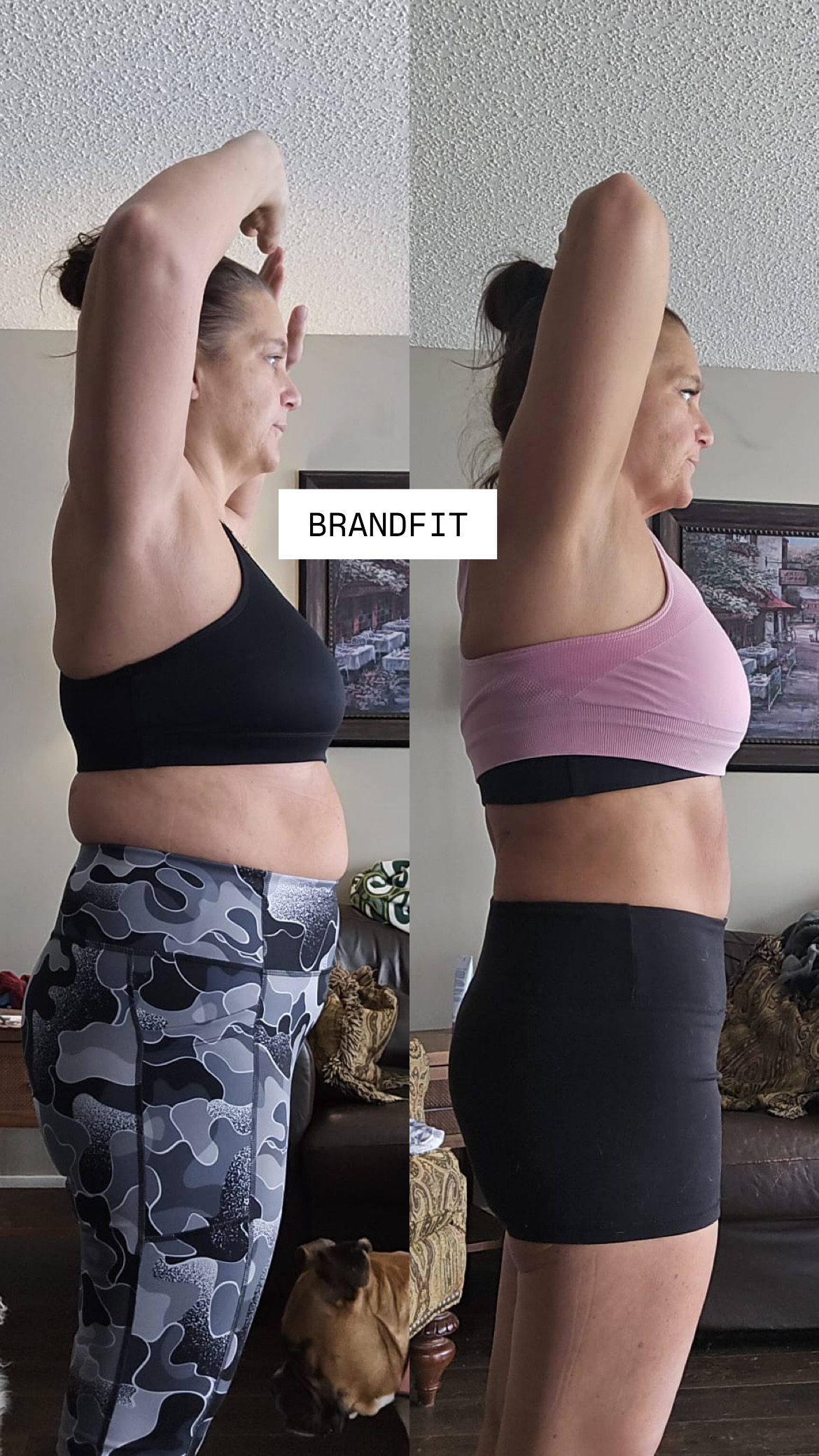 Client side-by-side progress photos shared by Coach BrandFit